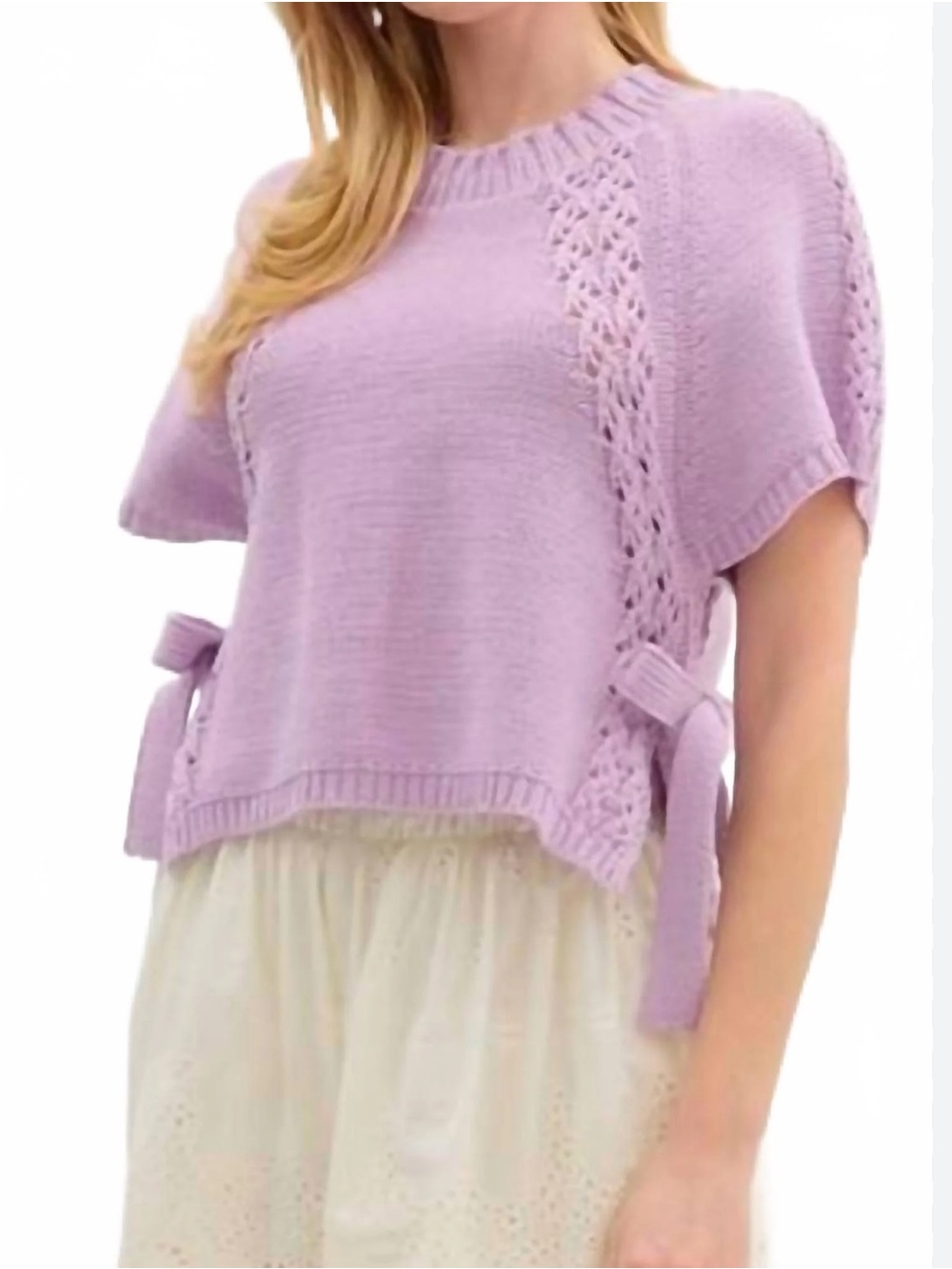 New Coquette Lilac Short-Sleeve Knit Sweater Bow Top
